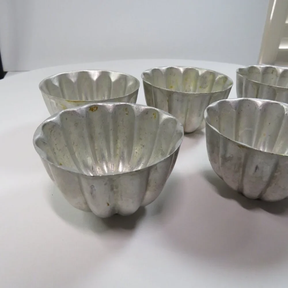 Set of 6 Vintage Aluminum Fluted Jello Molds Individual Scalloped Aspic Tins #2